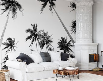 Schwarz-weiße Palmen Wand wandbild, tropischer Baum Tapete, selbstklebende abnehmbare Tapete, Peel and Stick Tapete, Wand dekor