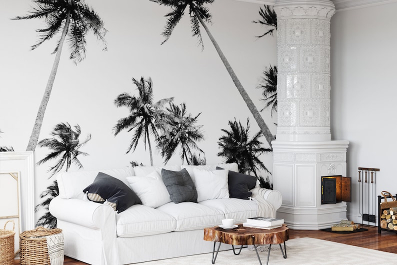 Black and white palm tree wall mural, tropical tree wallpaper, self adhesive removable wallpaper, peel and stick wallpaper, wall decor image 1