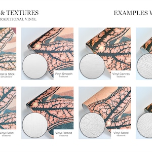 May include: A comparison chart titled MATERIALS & TEXTURES and EXAMPLES WITH PRINT showing eight types of vinyl wallpaper finishes. Each sample displays a leaf-vein pattern and a circular inset highlighting the specific texture: Peel & Stick, Vinyl Smooth, Vinyl Canvas, Vinyl Brush, Vinyl Sand, Vinyl Ribbed, Vinyl Stone, and Vinyl Leather.