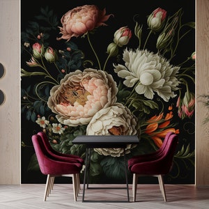 Carta da parati floreale scura, bouquet di bellissimi fiori su sfondo scuro, autoadesiva, stacca e incolla, carta da parati rimovibile o tradizionale