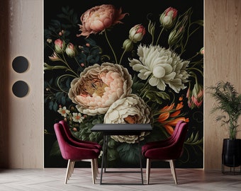 Dark floral wallpaper, bouquet of beautiful flowers on dark background, self adhesive, peel and stick, removable or traditional wallpaper