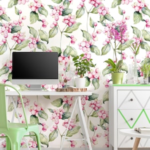 Watercolor floral wallpaper, snowberry botanical wallpaper, self adhesive, peel and stick, removable or traditional wallpaper