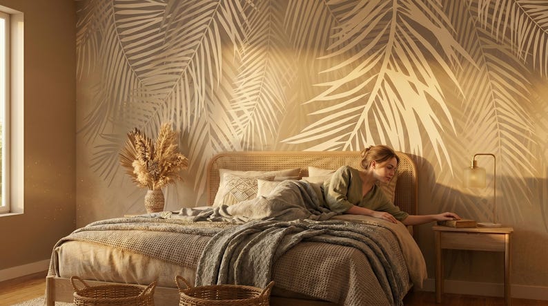 May include: A bedroom featuring a wall mural with large, light-colored palm leaf silhouettes against a warm beige background. The bed has a woven rattan headboard, layered neutral-toned bedding, and a textured throw blanket. Two woven baskets sit at the foot of the bed, and a dried floral arrangement in a vase is placed on the bedside table.