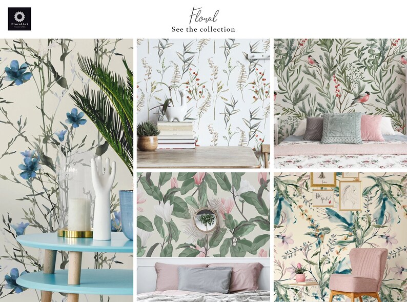 K&ouml;nnte beinhalten: Eine Sammlung von floralen Tapetenmustern mit verschiedenen Blumen und Pflanzen. Die Designs umfassen blaue Blumen auf cremefarbenem Hintergrund, rosa Blumen auf gr&uuml;nem Hintergrund und rote Beeren auf wei&szlig;em Hintergrund. Die Tapete wird in verschiedenen R&auml;umen mit M&ouml;beln und Dekor gezeigt.