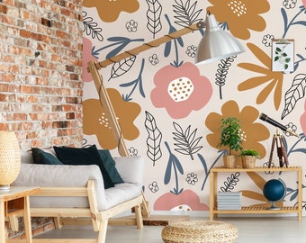 Abstract flowers wallpaper, tropical wall mural, self adhesive, peel and stick, removable or traditional, vinyl wallpaper