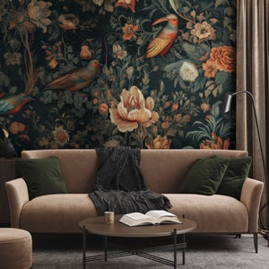 Carta da parati con fiori e uccelli, carta da parati in stile vintage, floreale scuro, autoadesiva, stacca e incolla, rimovibile o tradizionale, carta da parati in vinile