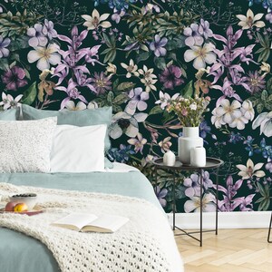 Vintage tropical plants wallpaper, dark botanical peel and stick wall mural, self adhesive, watercolor removable wallpaper,  wall decor