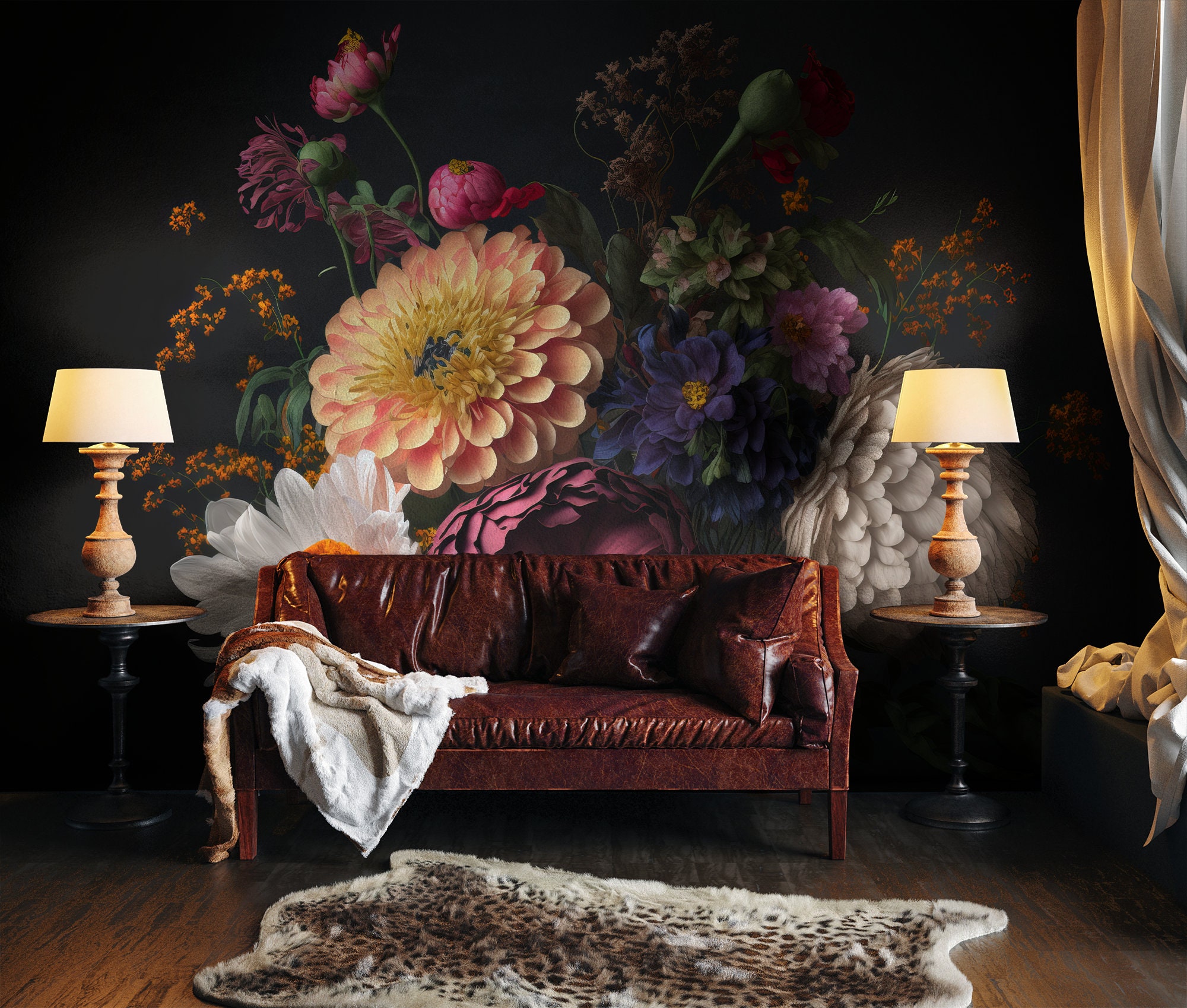 Bouquet of flowers wallpaper, dark floral wall mural, self adhesive, peel and stick, removable or traditional, vinyl wallpaper