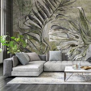 Tropical leaf wall mural, grunge wallpaper, self adhesive, peel and stick, removable or traditional, vinyl wallpaper