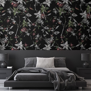 Schwarze Blumentapete, Blumen und Blätter auf schwarzem Hintergrund, selbstklebend, schälen und aufkleben, abnehmbar oder herkömmlich, Vinyltapete