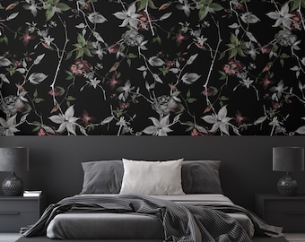 Carta da parati floreale nera, fiori e foglie su sfondo nero, autoadesiva, stacca e attacca, rimovibile o tradizionale, carta da parati in vinile
