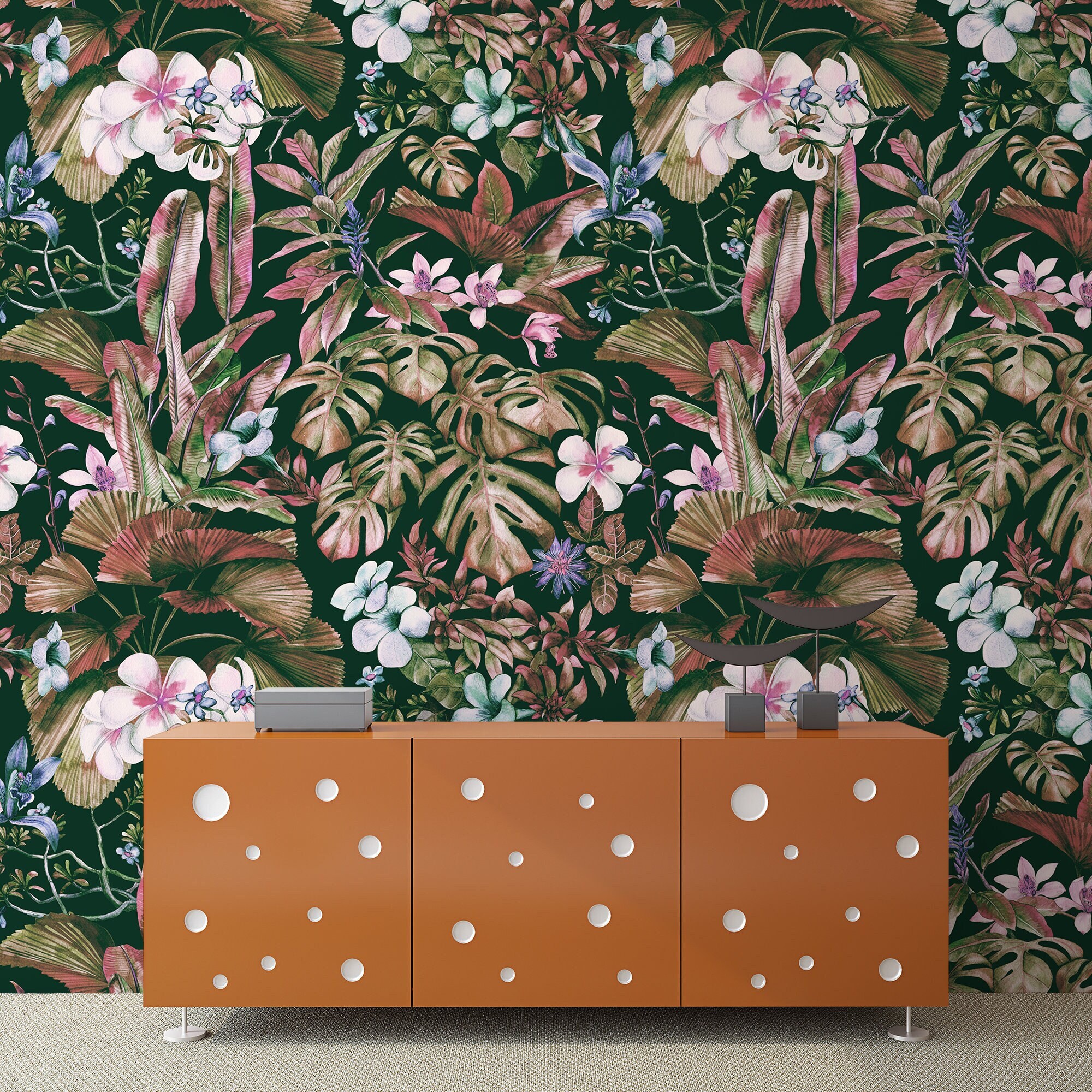 Dark Leaves and Flowers Wallpaper, Peel and Stick Wallpaper, Tropical ...