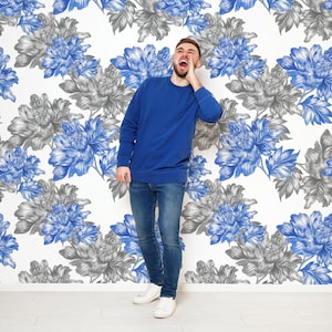Blue flowers wallpaper, watercolor floral wall mural, floral print, self adhesive, peel and stick, removable or traditional, vinyl wallpaper