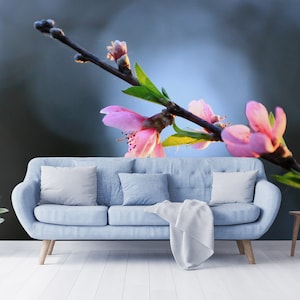 Cherry bloosom branch wall mural, peel and stick removable wallpaper, leaf print, floral wall art, floral wall decor