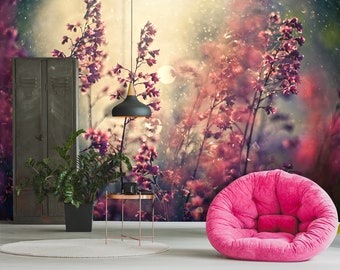 Wild foral meadow wall mural, self adhesive removable wallpaper, floral print, peel and stick wallpaper, botanical wall decor