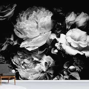 Peony flower wallpaper, self adhesive wall decor, black and white floral clipart, floral art dark mural image 3