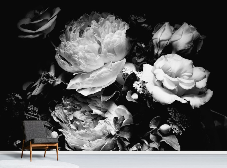 Peony flower wallpaper, self adhesive wall decor, black and white floral clipart, floral art dark mural image 3