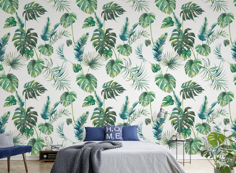 Tropical Green Leaf Wallpaper Peel and Stick Wall Mural - Etsy
