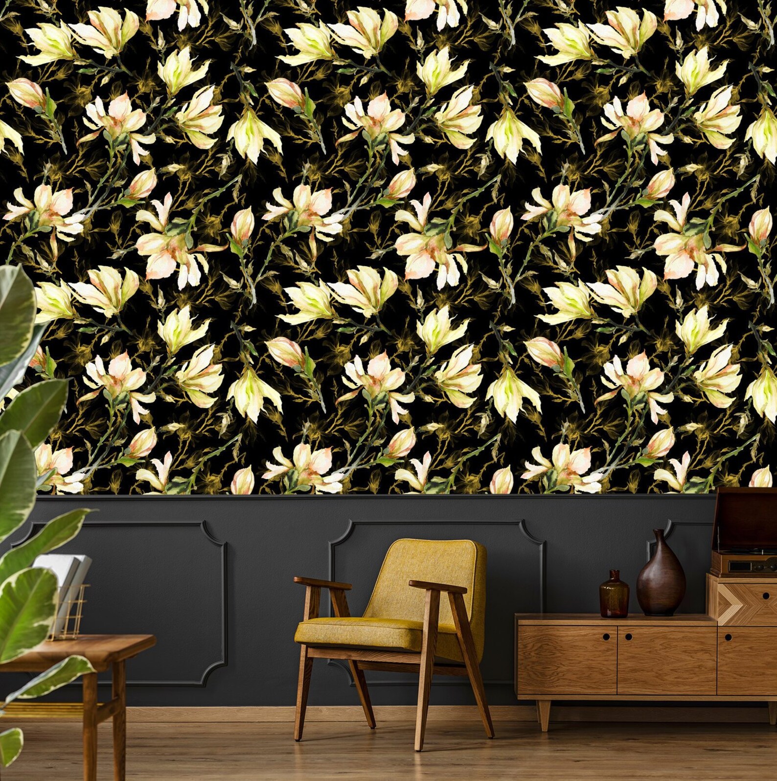 Yellow Magnolia Wallpaper Peel And Stick Wall Mural Floral Etsy