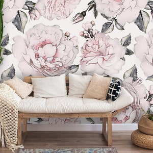 Pink peony bouquet, peel and stick wallpaper, floral wallpaper, nursery watercolor wallpaper, temporary removable wallpaper, floral clipart#