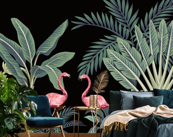 Jungle wallpaper mural, removable wallpaper with wild animals and palm leaves, peel and stick wallpaper, temporary wall murall#