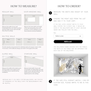 May include: A guide on how to measure and order custom wallpaper. The guide includes illustrations of different wall types, such as regular, door-windows, multiple, sloped, and staircase walls. It also shows a sample of a wallpaper with a tropical leaf pattern in black, white, and gold.