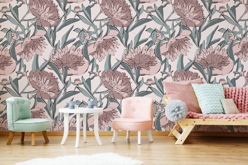 Peony floral wallpaper peel and stick wall mural girl decor | Etsy