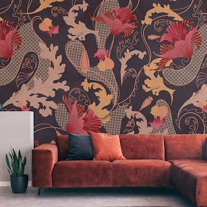 Wallpaper with decorative red flowers, vintage style wall mural, self adhesive, peel and stick, removable or traditional, vinyl wallpaper