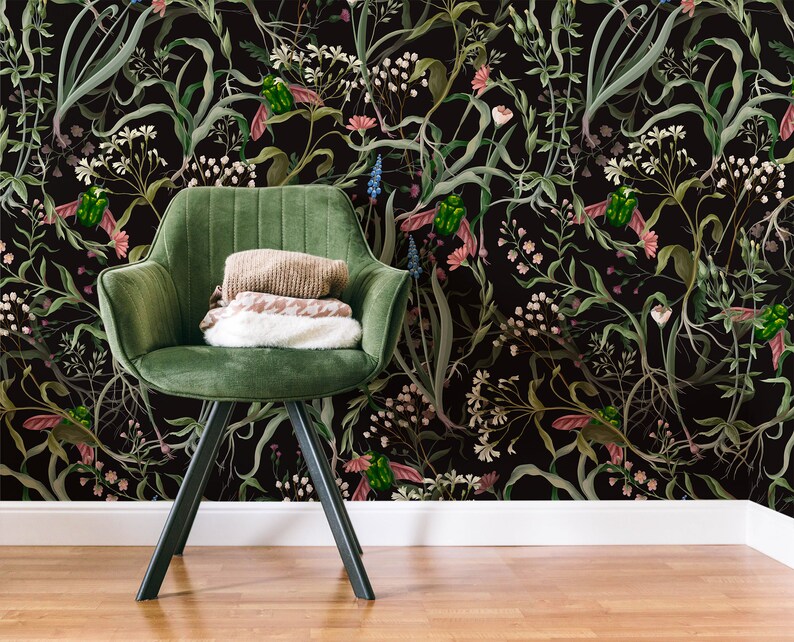 Wallpaper with wild flowers and insects, self adhesive wallpaper, wall mural, peel and stick removable wallpaper, wall decor image 1