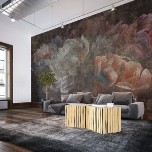 Dark floral wallpaper, flowers grunge wall mural, self adhesive, peel and stick, removable or traditional, vinyl wallpaper