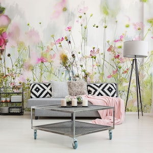 Sommer Blumenwiese Wandbild, selbstklebende ablösbare Tapete, helle Tapete abziehbar, Wanddekor