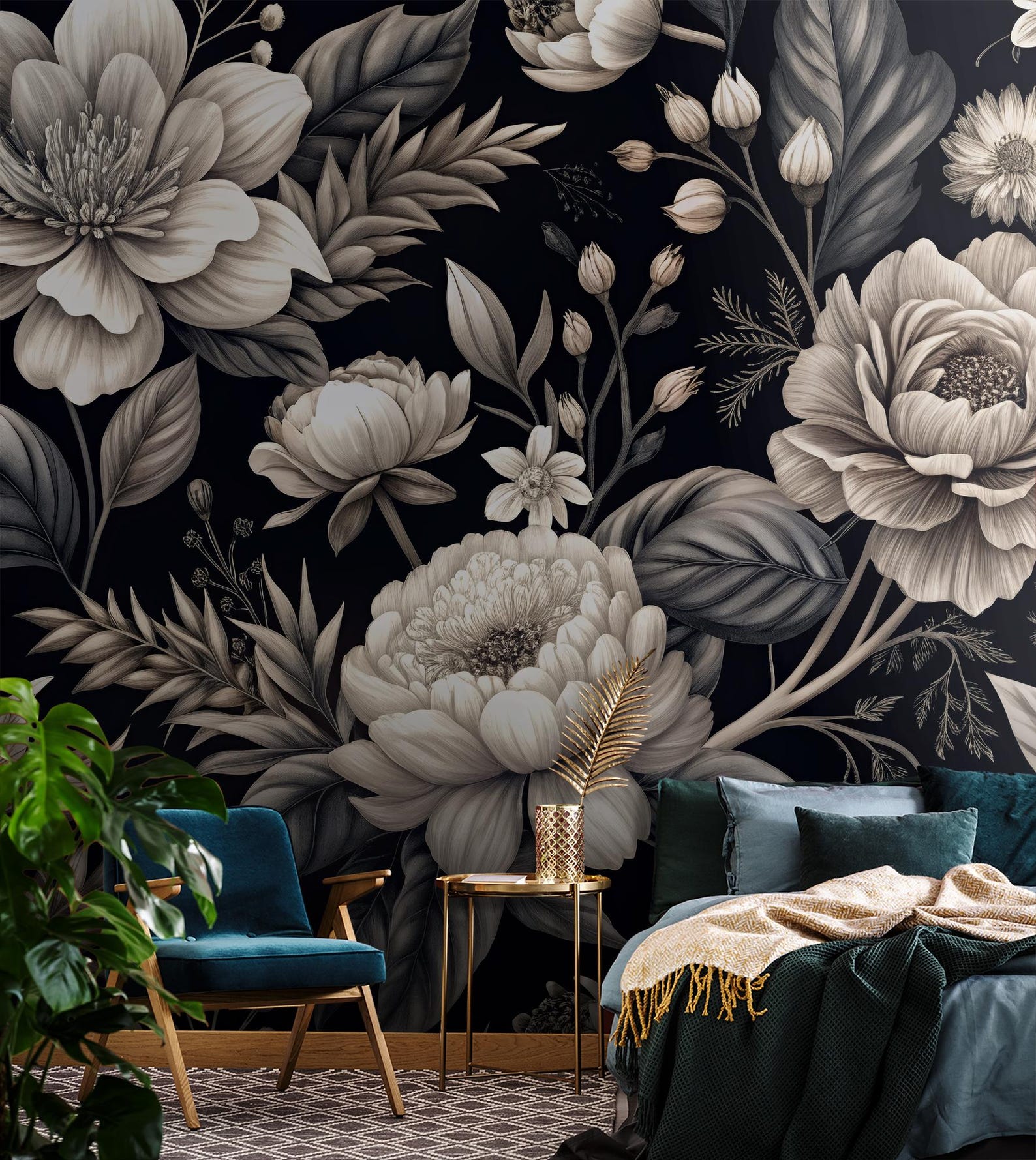 Dark Floral Wallpaper, Vintage Botanical Wall Mural, Self Adhesive ...