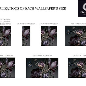 May include: A chart titled VISUALIZATIONS OF EACH WALLPAPER'S SIZE featuring the FloralArt WALLPAPER logo and seven rectangular examples of dark purple floral wallpaper designs with dimensions listed in inches and centimeters.