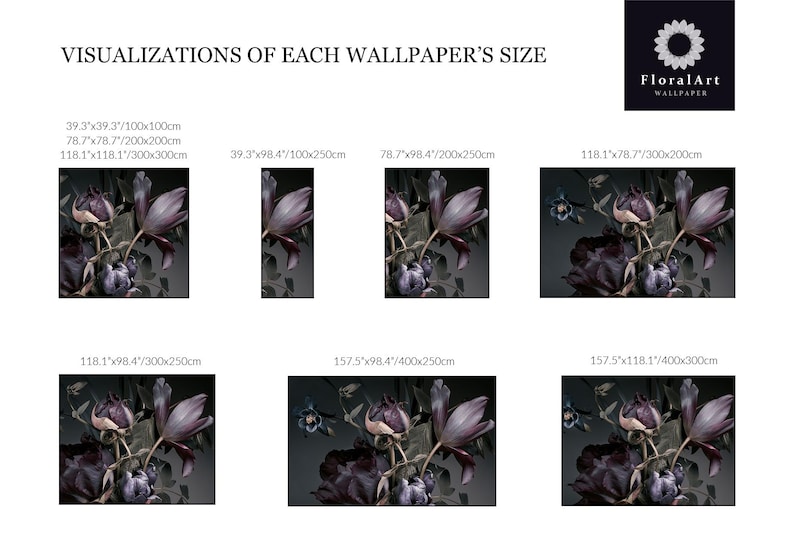 May include: A chart titled VISUALIZATIONS OF EACH WALLPAPER'S SIZE featuring the FloralArt WALLPAPER logo and seven rectangular examples of dark purple floral wallpaper designs with dimensions listed in inches and centimeters.