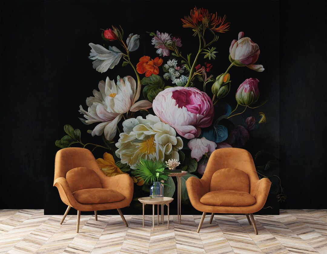 Dark Vintage Peony Floral Wall Mural, Painted Flowers Wallpaper, Self ...