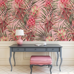 Pink pineapple wallpaper, peel and stick, self adhesive, floral pattern, removable wallpaper, wall decor