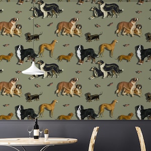 Vintage wall mural, dogs wallpaper, self adhesive, peel and stick, removable or traditional, vinyl wallpaper