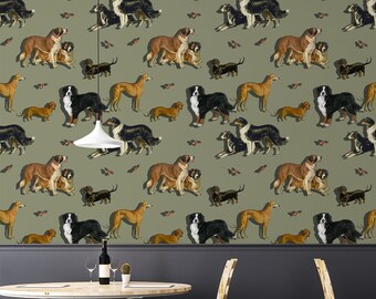 Vintage wall mural, dogs wallpaper, self adhesive, peel and stick, removable or traditional, vinyl wallpaper