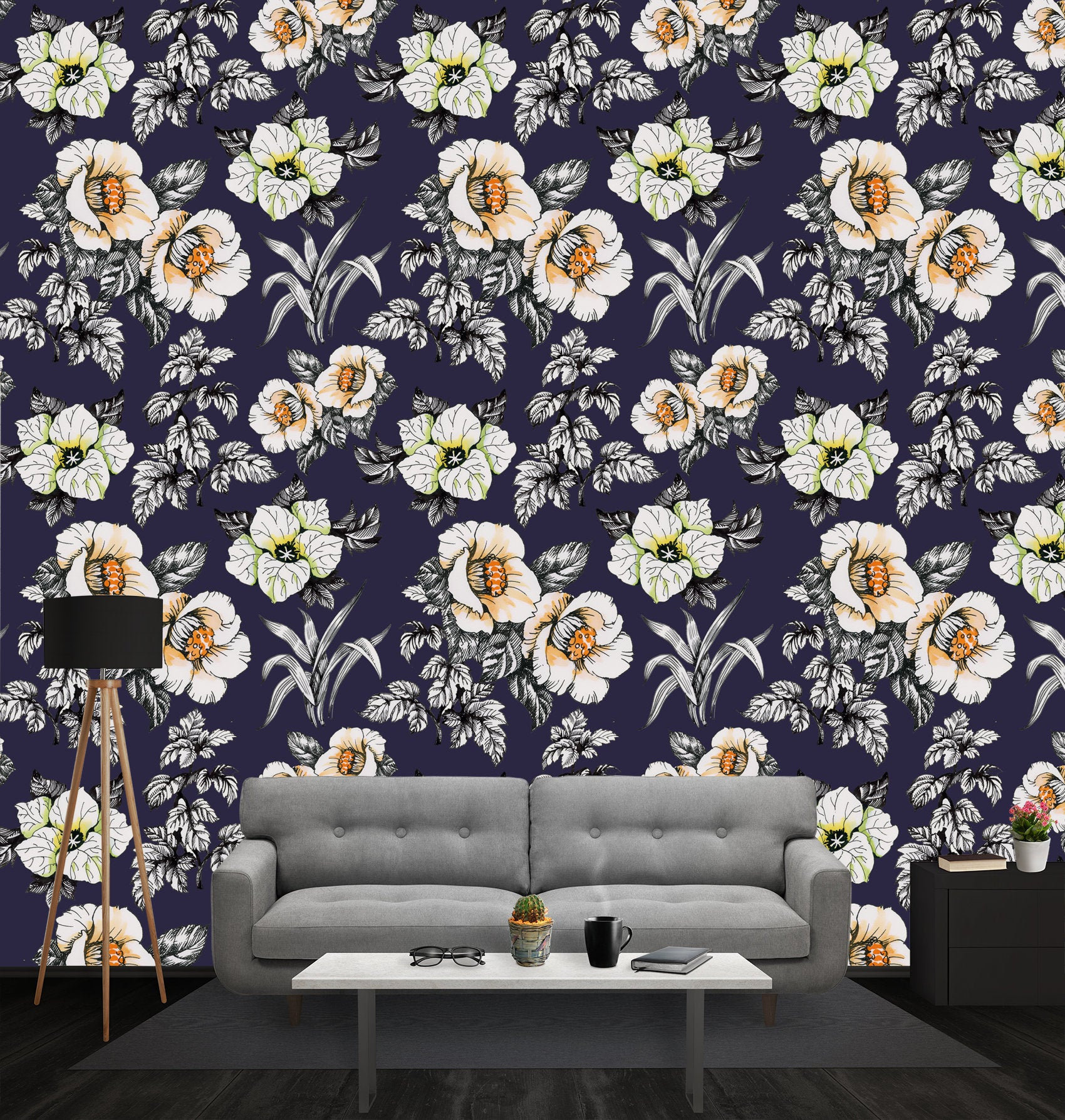 Dark blue floral wallpaper self adhesive wallpaper floral Etsy
