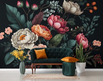 Donkere vintage bloemenmuurschildering, prachtige bloemen op zwarte achtergrond, zelfklevend, afpellen en plakken, verwijderbaar of traditioneel, vinylbehang