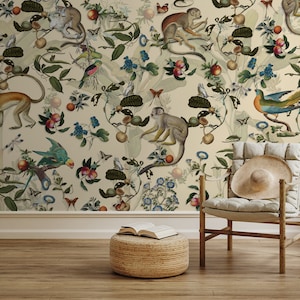 Beige Tapete mit Affen und Papageien, Vintage tropische Muster, selbstklebend, schälen und aufkleben, abnehmbar oder traditionell, Vinyltapete