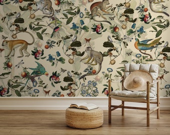 Beige monkey & parrot bird wallpaper, vintage tropical pattern, self adhesive, peel and stick, removable or traditional, vinyl wallpaper