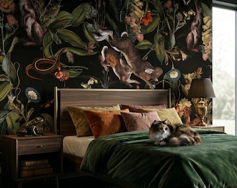 Rabbit & flower wallpaper, vintage tropical botanical pattern, self adhesive, peel and stick, removable or traditional, vinyl wallpaper