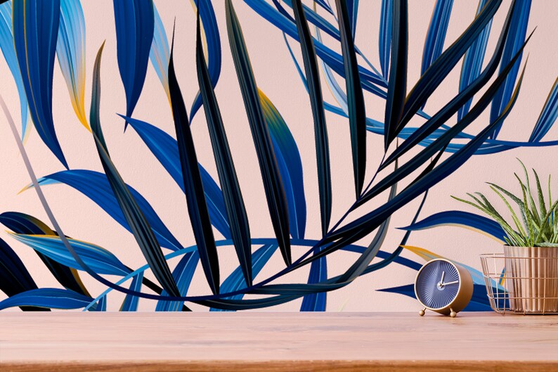 Tropical Wallpaper With Blue Palm Leaves Peel and Stick Wall Etsy