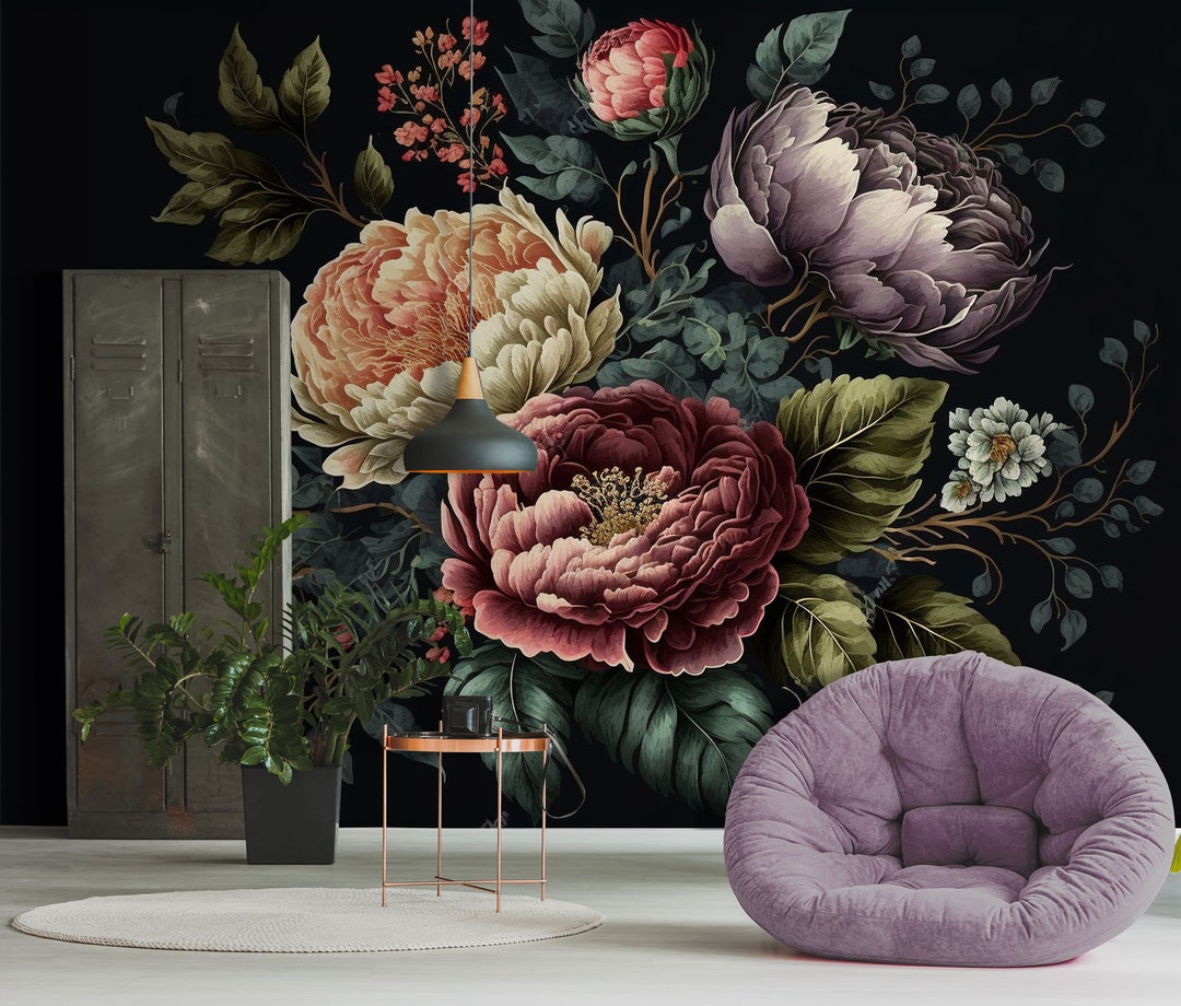 Beautiful Vintage Floral Wall Mural, Peonies Painting Wallpaper, Self