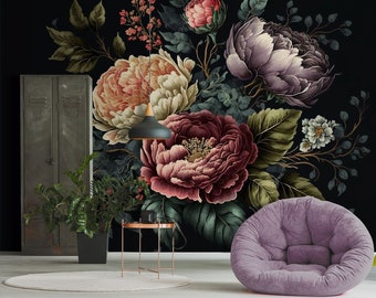 Hermoso mural de pared floral vintage, papel tapiz con pintura de peonías, autoadhesivo, despegable y pegable, removible o tradicional, papel tapiz de vinilo