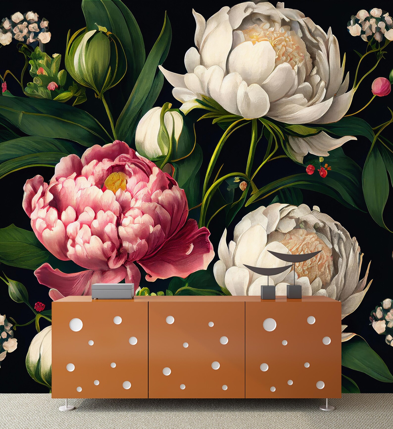 Dark Vintage Flowers Wall Mural, Peony Flowers Painting Wallpaper, Self ...