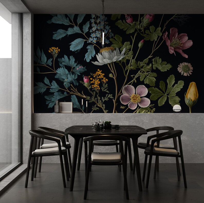 May include: A black dining table with six black chairs and a floral wallpaper featuring pink, white, and blue flowers on a dark background.
