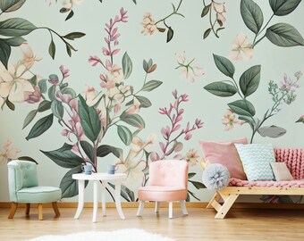 Papel pintado verde claro con hojas y flores, mural de pared floral, autoadhesivo, despegable y pegable, removible o tradicional, papel tapiz de vinilo