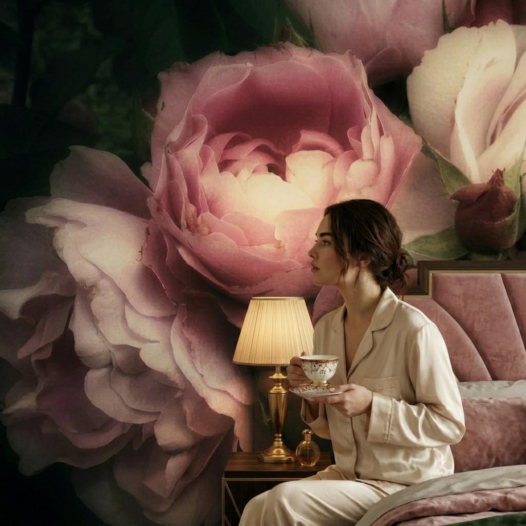 Pink rose wallpaper, dark floral wall mural, floral bouquet wall